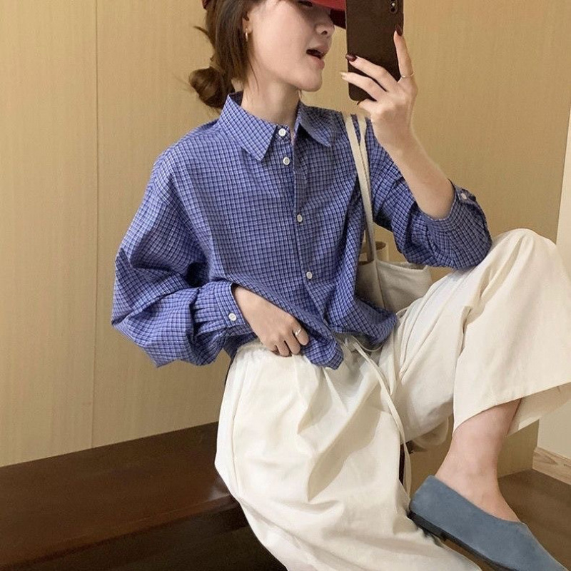 美式慵懒宽松蓝色格子衬衫女春秋季休闲百搭复古长袖衬衣叠穿上衣|undefined