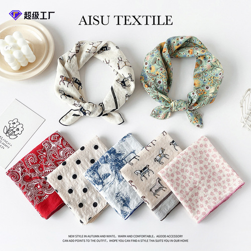 Cotton silk scarf small square scarf for women spring new European and American headscarf versatile cashew print cotton and linen scarf
