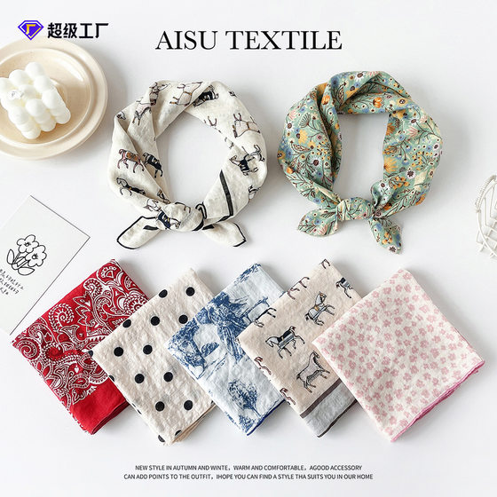 Cotton scarf small square scarf ladies spring new European and American headscarf Joker cashew nut printed cotton and linen scarf wholesale
