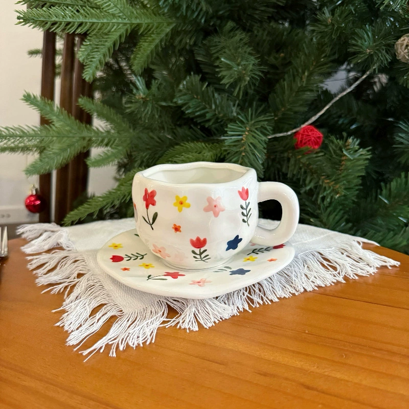 Ceramic coffee cup set INS Japanese retro, hand-painted irregular saucer, vintage style