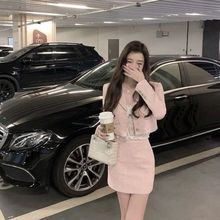 名媛小香风套装女韩版粗花呢短款粉色西装外套女+高腰修身半身裙