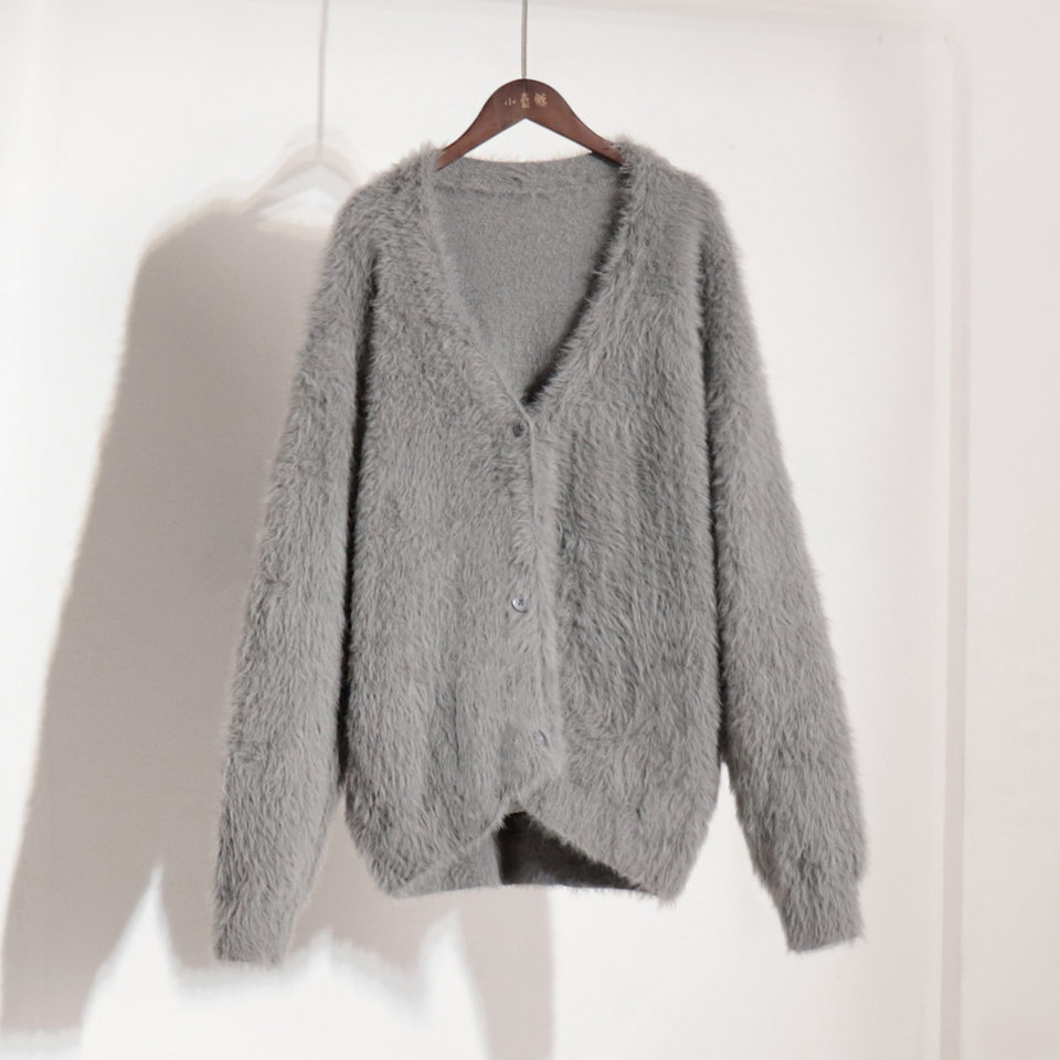Áo cardigan len dệt kim giả lông chồn cổ V tay dài form rộng nữ — Màu hồng, Màu kaki, Màu trắng, Màu xám nhạt chi tiết 47