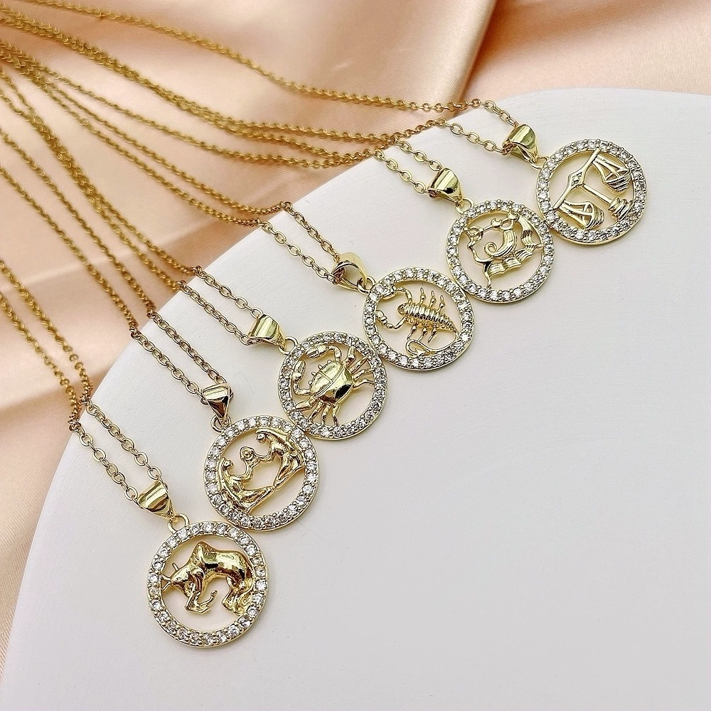 Zodiac signs stainless steel, chain, fashionable necklace, universal copper pendant, European style, micro incrustation
