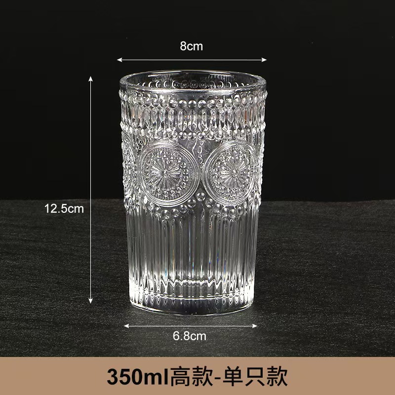 Taza de cristal de flores de sol retro red taza de agua en relieve de alto valor de la cara taza de café taza de leche de avena con mango taza de agua