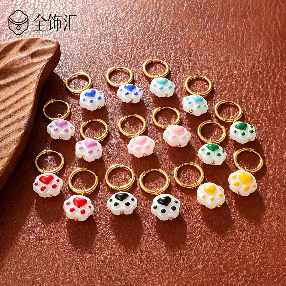 Ins cartoon sweet contrasting color cat paw cute three-dimensional colorful heart-shaped ear pads stainless steel gold-plated pendant earrings
