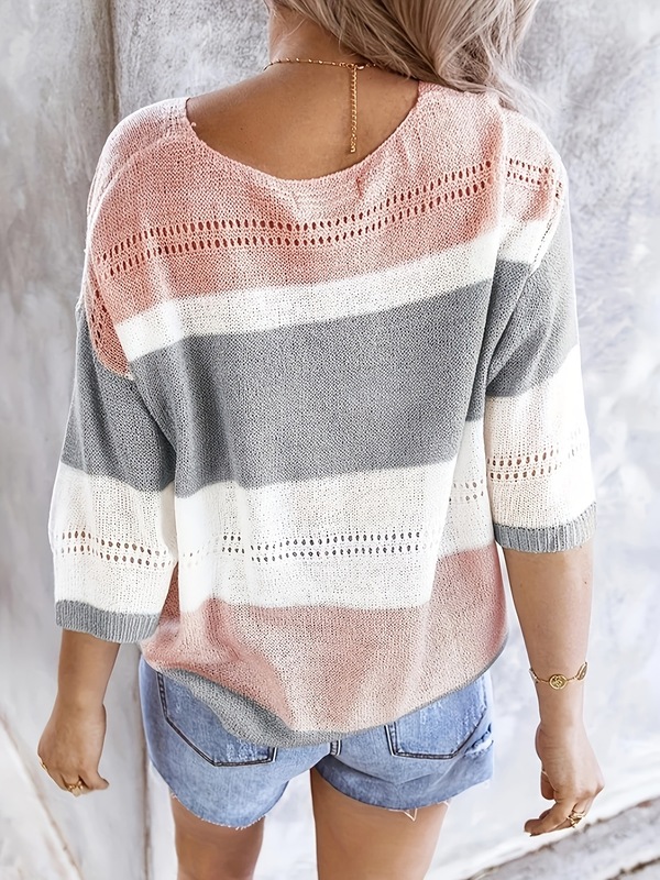 Women'S Casual V Neck Sweater Off Shoulder Striped Knit跨境|undefined