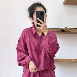 2025秋季新款亚麻短款外套女文艺纯色翻领大口袋宽松长袖开衫上衣