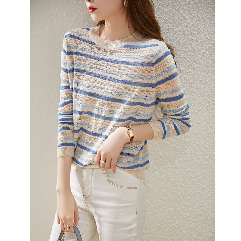 2023 осень новая Корейская вязаная нежная стильная Радужная полосатая Базовая рубашка с круглым вырезом в тон