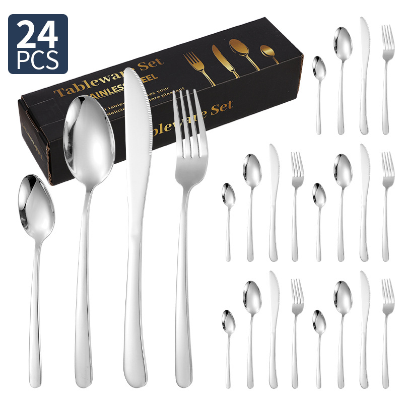 Spoon Juego de vajilla de acero inoxidable transfronterizo al por mayor de 24 piezas para el hogar elegante comida occidental Cuchillo, tenedor, cuchara, necesidades diarias