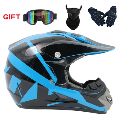 mountain motorcycle helmet Four Seasons, Motosiklet kaskı (dəbilqə) - black-and-blue-21-goggles-mask-black-gloves-s