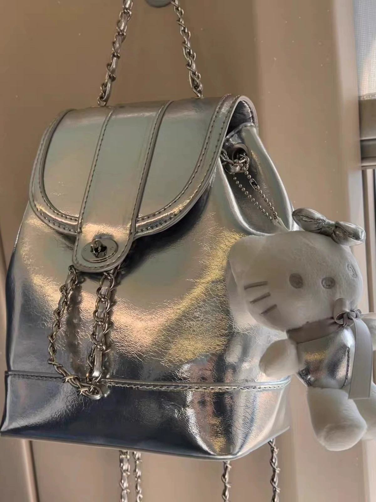 Серебряный рюкзак, дорожная сумка через плечо, стиль Chanel, Южная Корея