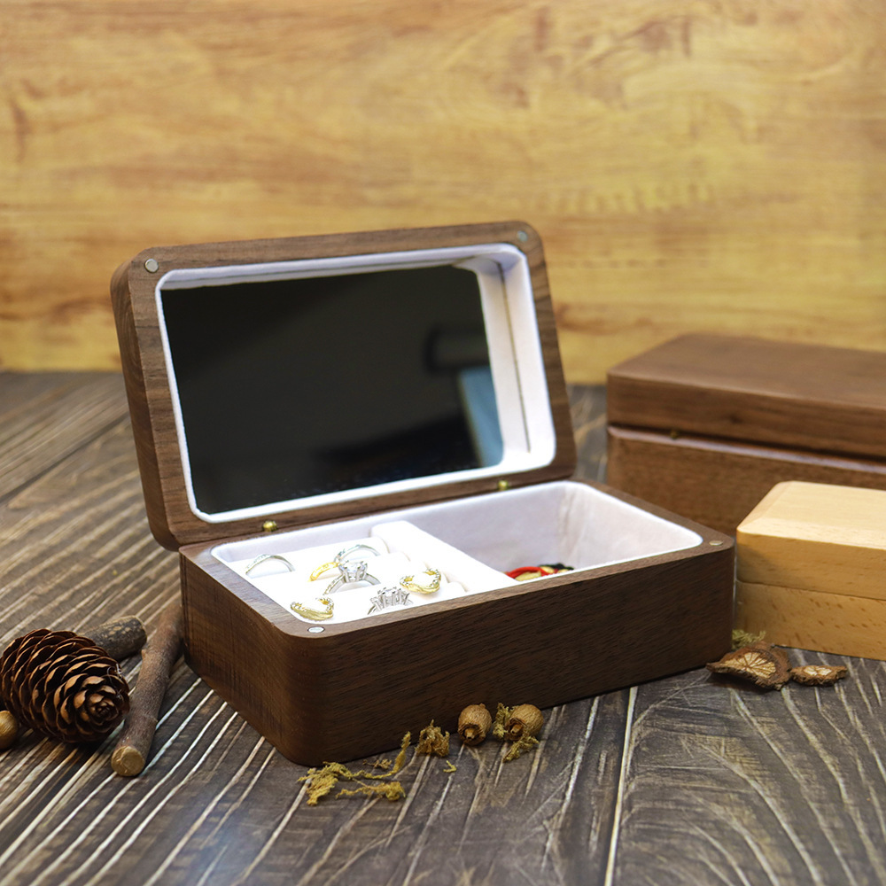 黑胡桃木质首饰收纳戒指项链耳钉耳环收纳包装礼盒镜子婚礼跨境
