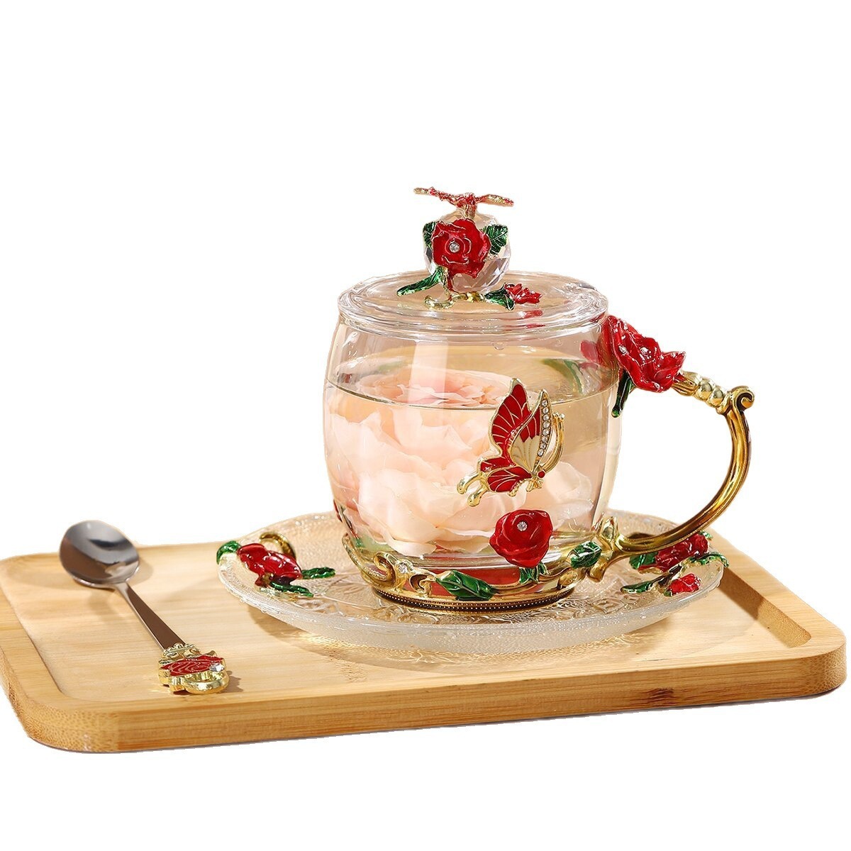 Taza de té con cubierta de flores creativa sala de estar taza de agua de desayuno de lujo taza de leche de esmalte de color taza de café de mujer taza de vidrio casero