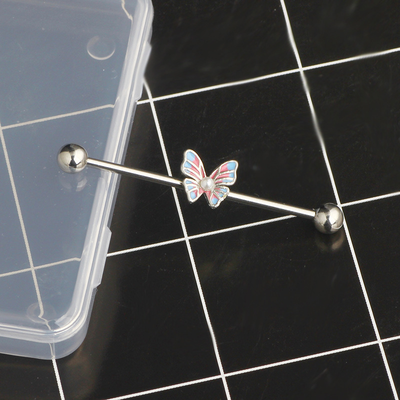 14G Industrial Barbell Ear Studs External Thread Drop Oil Butterfly Ear Bridge Double Ear Hole Straight Rod Pearl Ear Studs detail image 8