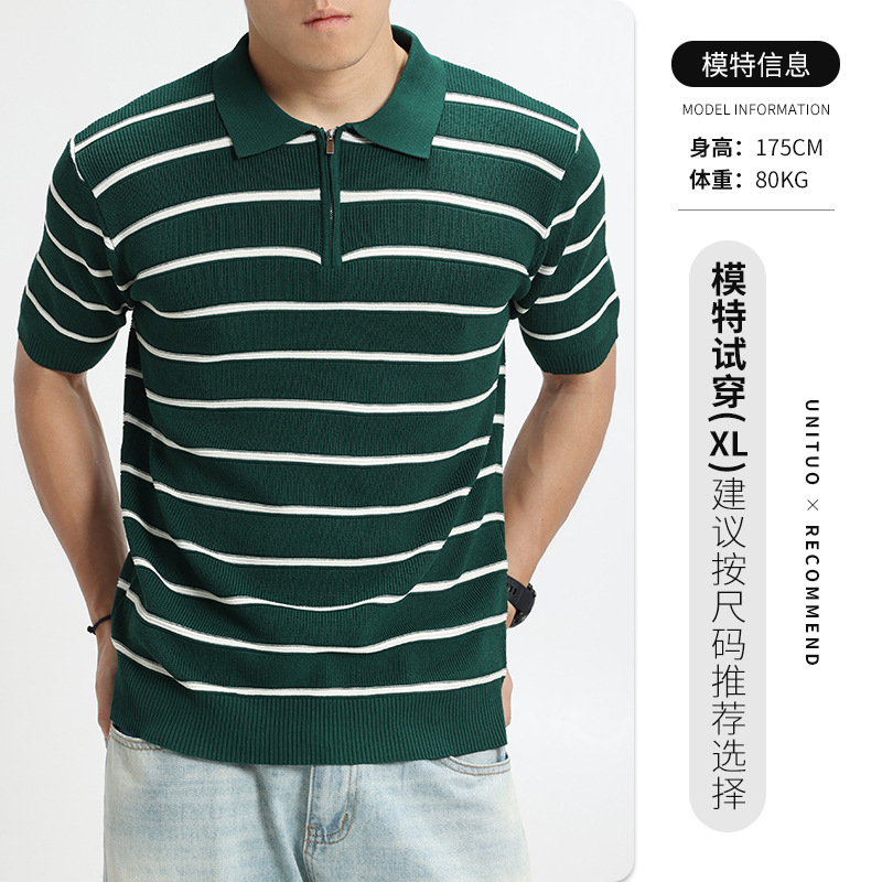 Camiseta de polo de punto a rayas horizontales de alta calidad, semia cremallera, texturizada, camiseta de mangas cortas de viaje de negocios para hombres