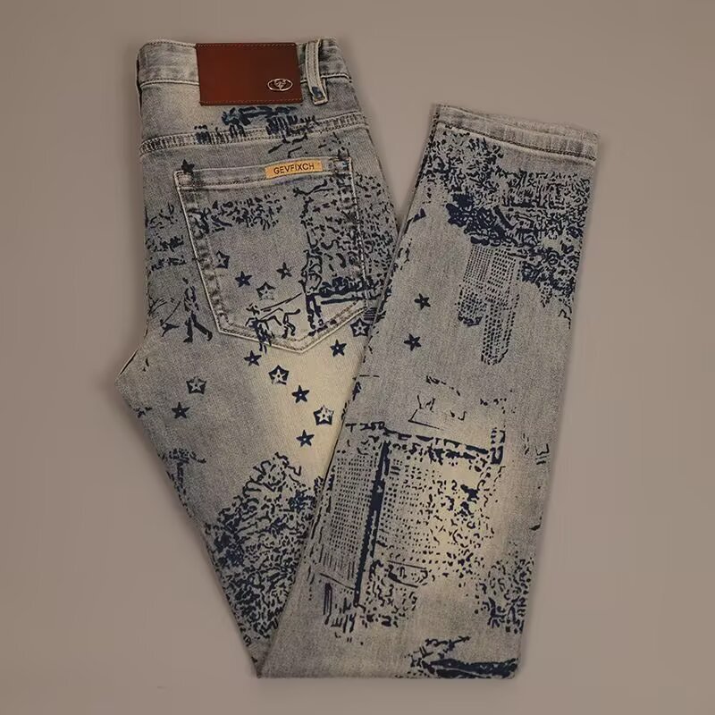 European and American Trendy Slim-Fit Printed Jeans Autumn and Winter New Retro Light Luxury Straight Casual Fashion Versatile Long Pants for Men European and American Trendy Slim-Fit Printed Jeans Autumn and Winter New Retro Light Luxury Straight Casual Fashion Versatile Long Pants for Men