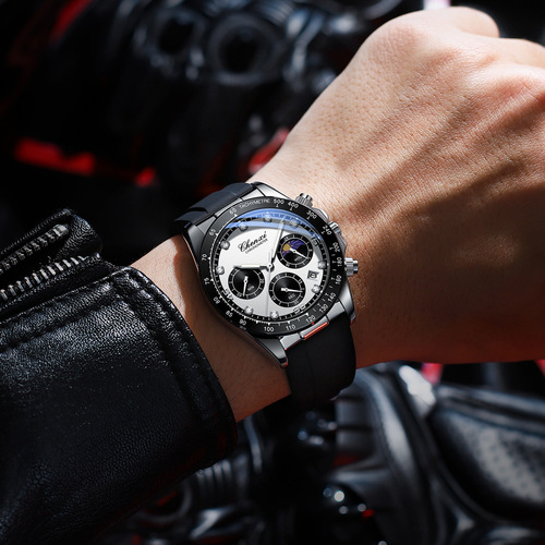 Multifunctional Dawn New Silicone Band Watch Men's Three Eyes Six Needles Moon Phase Waterproof Business Casual Men's Watch