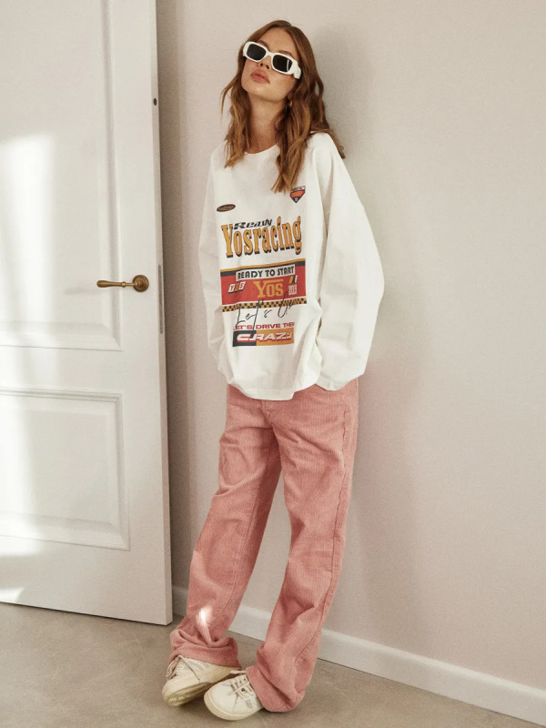 欧米風の朝と秋のファッションは個性的な街頭の100% 重いポンドの純綿の長袖のtシャツのゆったりしている底のシャツの潮に合います。|undefined