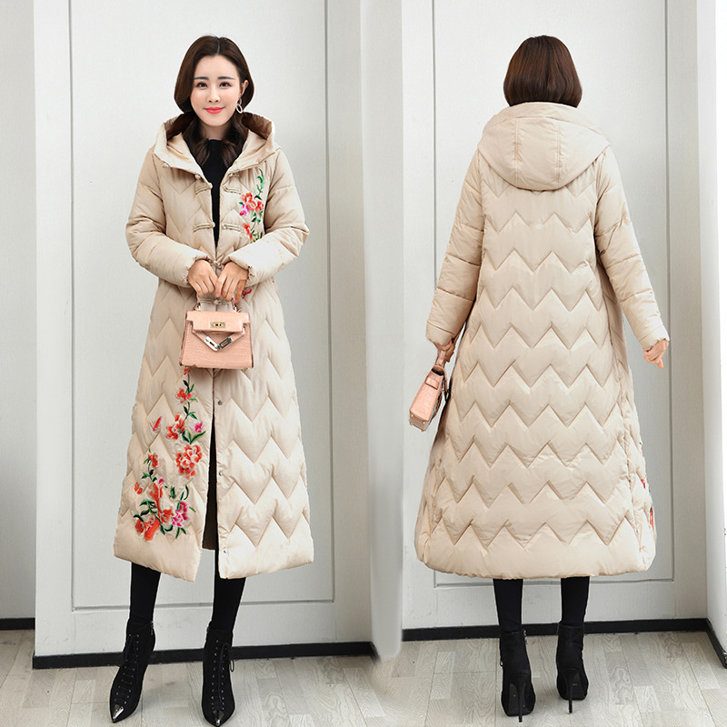 Ethnic Style Embroidered Jacket for Women 2025 Winter New Cotton Coat Extra Long over the Knee Korean Style Thickened Cotton Coat Wholesale Ethnic Style Embroidered Jacket for Women 2025 Winter New Cotton Coat Extra Long over the Knee Korean Style Thickened Cotton Coat Wholesale