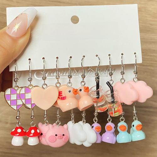 Mushang Cross-border New Children's Earrings Set for Girls Cartoon Resin Oil Drop Earrings Earring Set of 5 Pieces for Wholesale
