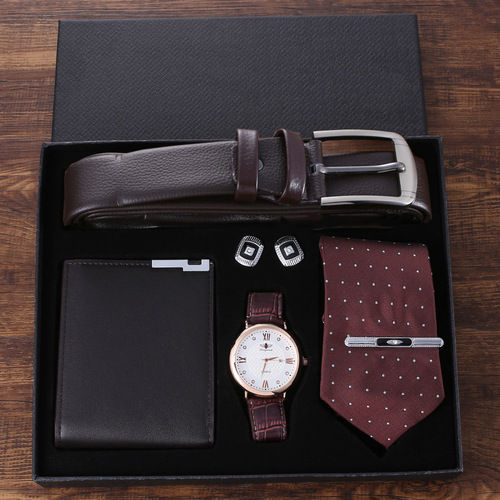 Men's watch gift set business fashion double display fake three-eye quartz watch case belt wallet cuff tie