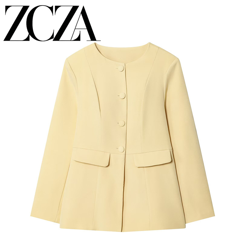 Fashionable solid color suit with a round collar