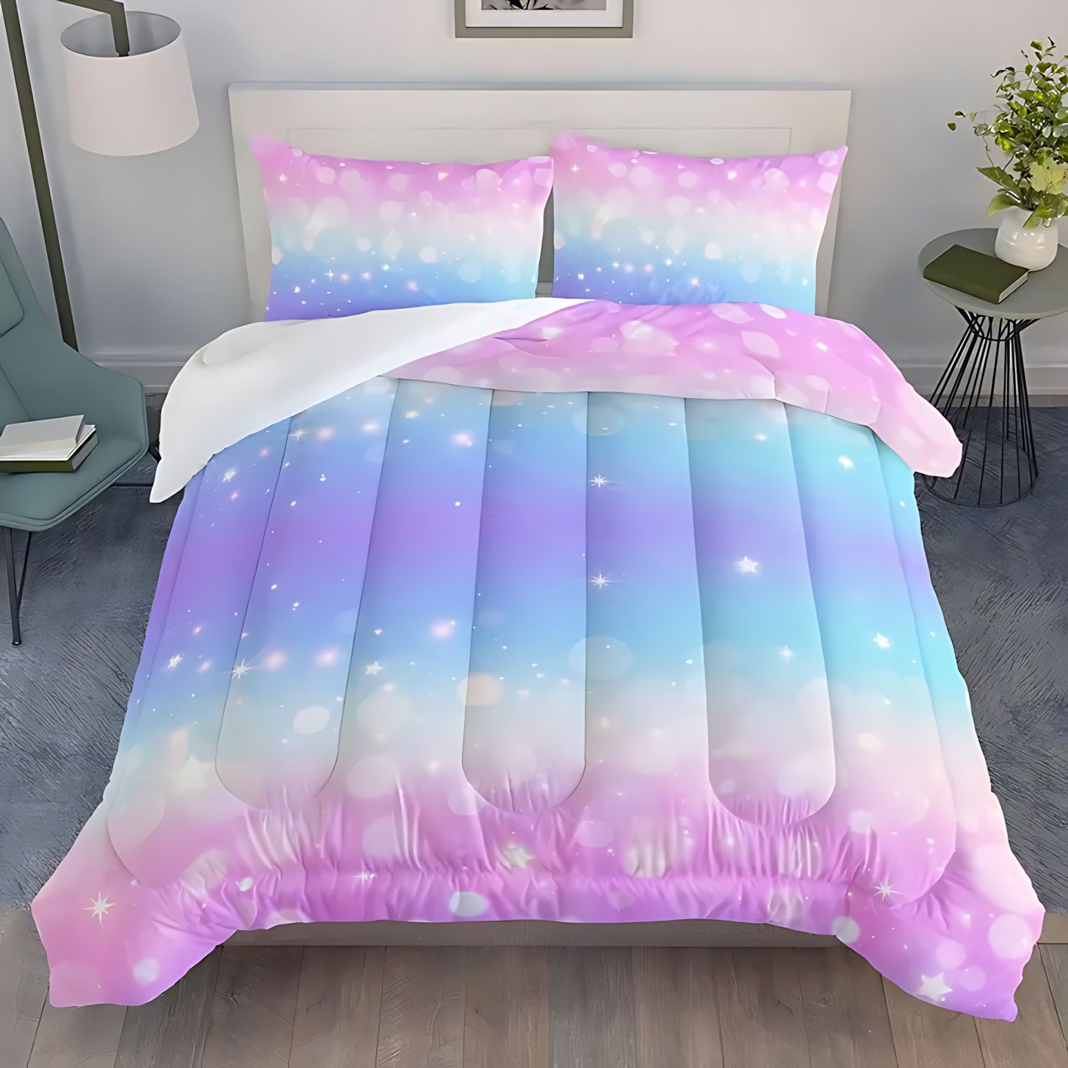 TEMU / JIT transfronterizo textil casero arco iris gradiente impresión digital 3D 180gms colchacha colchón conjunto de almohada se puede ajustar