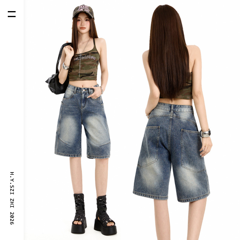 Hys/2026 Summer New Style & Tiktok Super Popular American Style Patchwork Cool Street Style Five-Point Denim Shorts for Women
