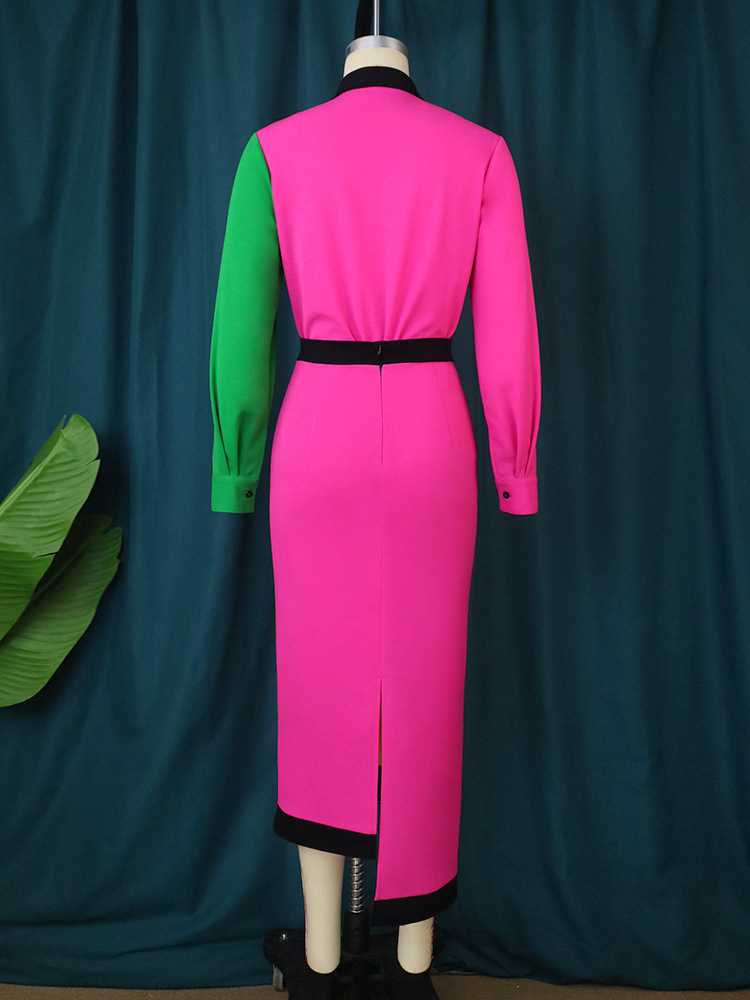 Damenbekleidung AM221142 farblich passendes langärmeliges Kleid Kleine Kontrastfarbe Persönlichkeit asymmetrische Röcke mit hoher Taille_voghion.com