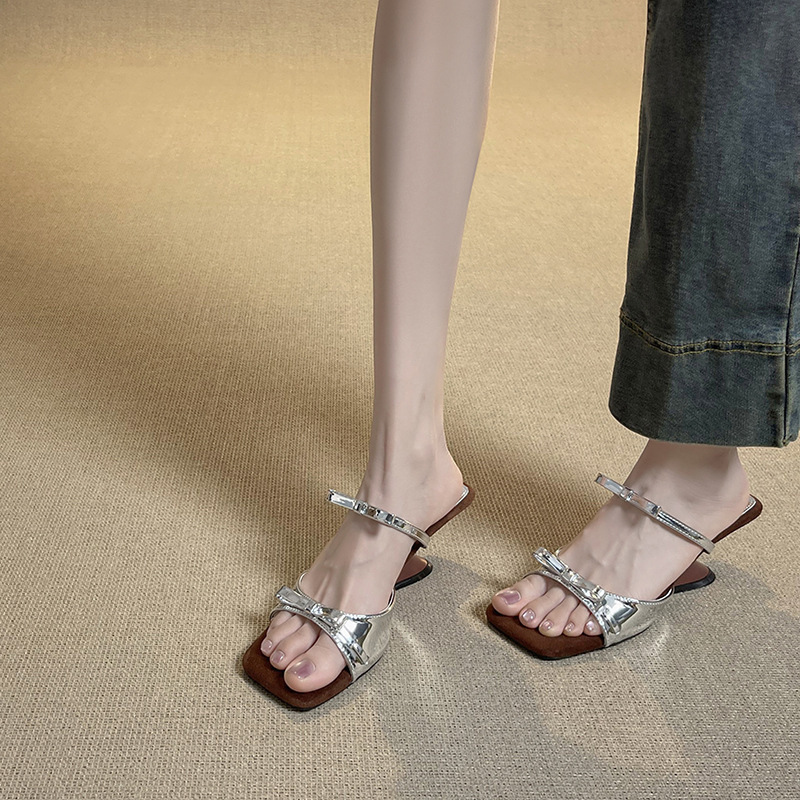 Silver Bowknot Wedge Sandals for Women, 2026 Spring/Summer New Style, High-End High-Heeled Slip-On Sandals with Shallow Toe