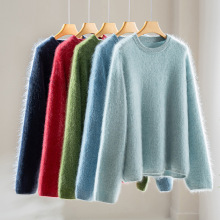 435克拉绒羊绒衫女加厚100纯山羊绒针织衫圆领宽松拉毛毛衣保暖