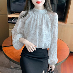 哥家商场同款女装2025秋季高级百搭感碎花雪纺衬衫高端立领上衣