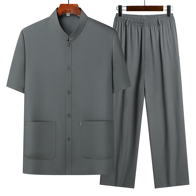 Middle-Aged and Elderly Men's Long-Sleeved Stand-Up Collar Shirt, Loose Daddy Two-Piece Set, Trousers, Bottoming Shirt, Ice Silk Suit for the Elderly