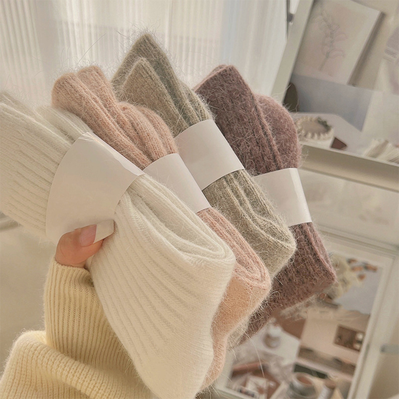 【Exclusive】Women's Winter Mid-Calf Socks, Fleece-Lined, Thickened, Warm, Soft, Ribbed, Solid Color, Japanese Style Long Socks for Sleeping