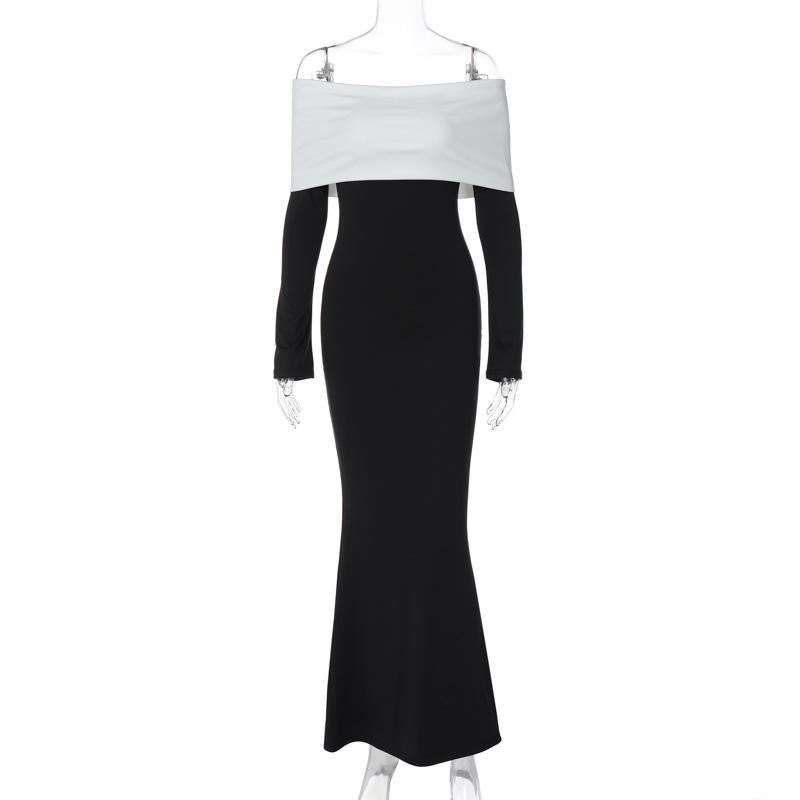 Women Clothing Autumn Winter Contrast Color off Shoulder Long Sleeve Waist Slimming Maxi Dress