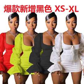 B9292 速卖通、ebay欧美女装时尚休闲绑带方领泡泡袖连衣裙 现货