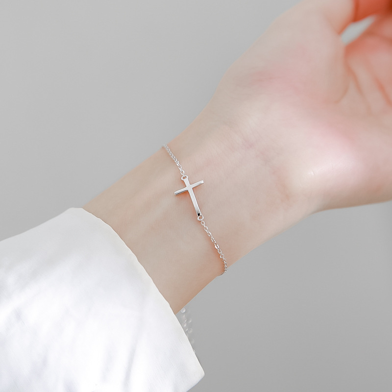 Korean Style 925 Silver Cross Simple Slim Bracelet Adjustable Minimalist Beautiful Bracelet Women's Silver Jewelry Korean Style 925 Silver Cross Simple Slim Bracelet Adjustable Minimalist Beautiful Bracelet Women's Silver Jewelry