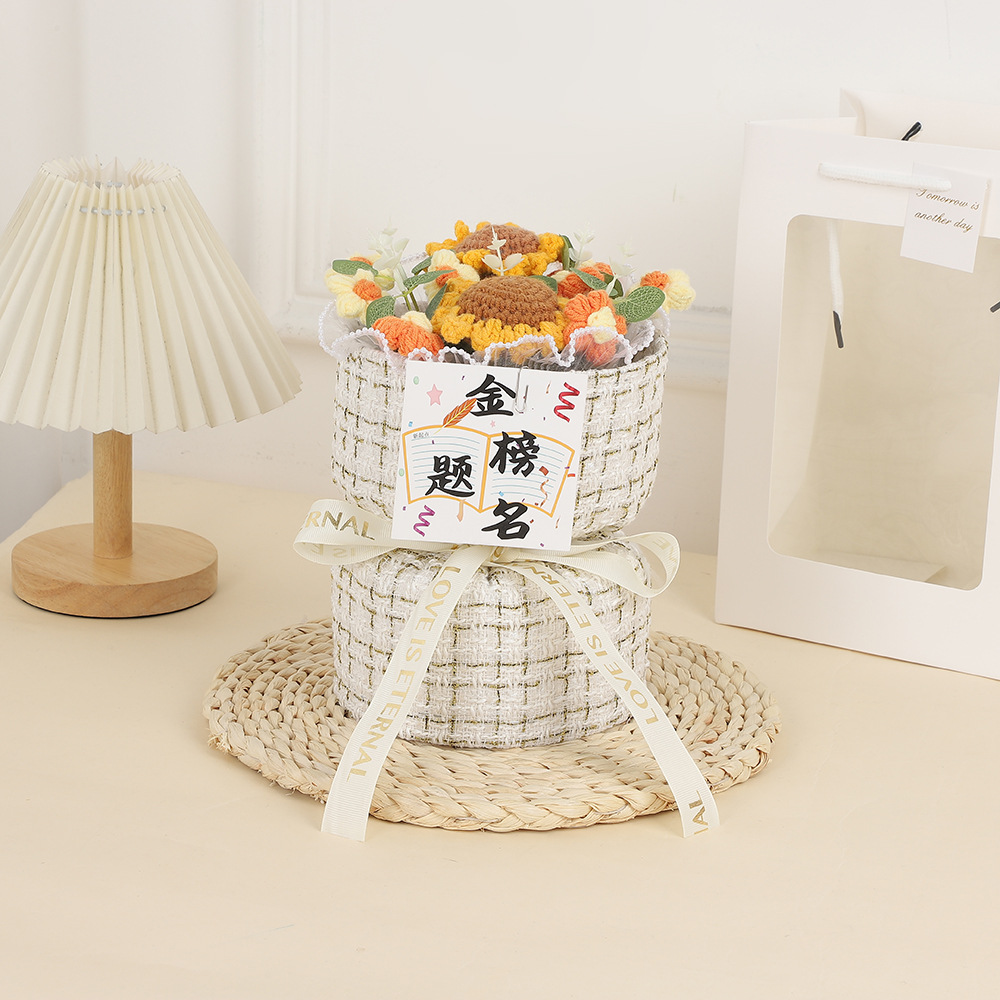 Día de la Madre Clavel de incienso pequeño tejido de flores de punto ramo de lana para esposa, novia, madre, regalo de cumpleaños