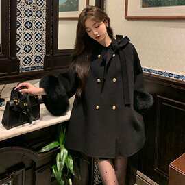 高级感法式毛呢外套秋冬新款气质加厚保暖毛毛袖口呢子大衣小个子