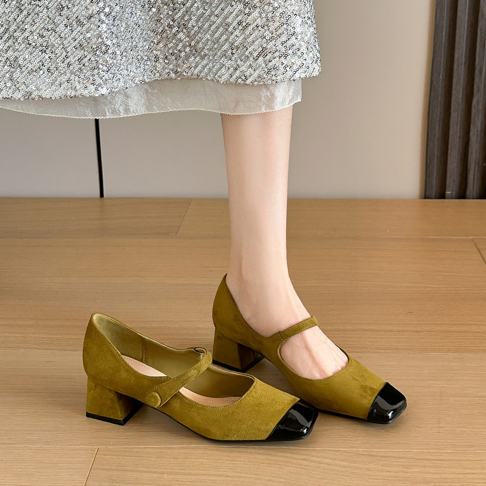 Giày Mary Jane nữ mũi vuông gót thô 3–6 cm, da bóng họa tiết da báo, quai ngang — Màu da báo, Màu đỏ rượu, Xanh lá cây
