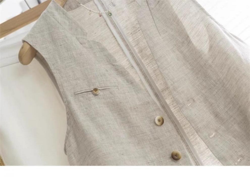 Áo vest gile nữ không tay cổ V chất liệu vải lanh phong cách cổ điển — Màu be chi tiết 8