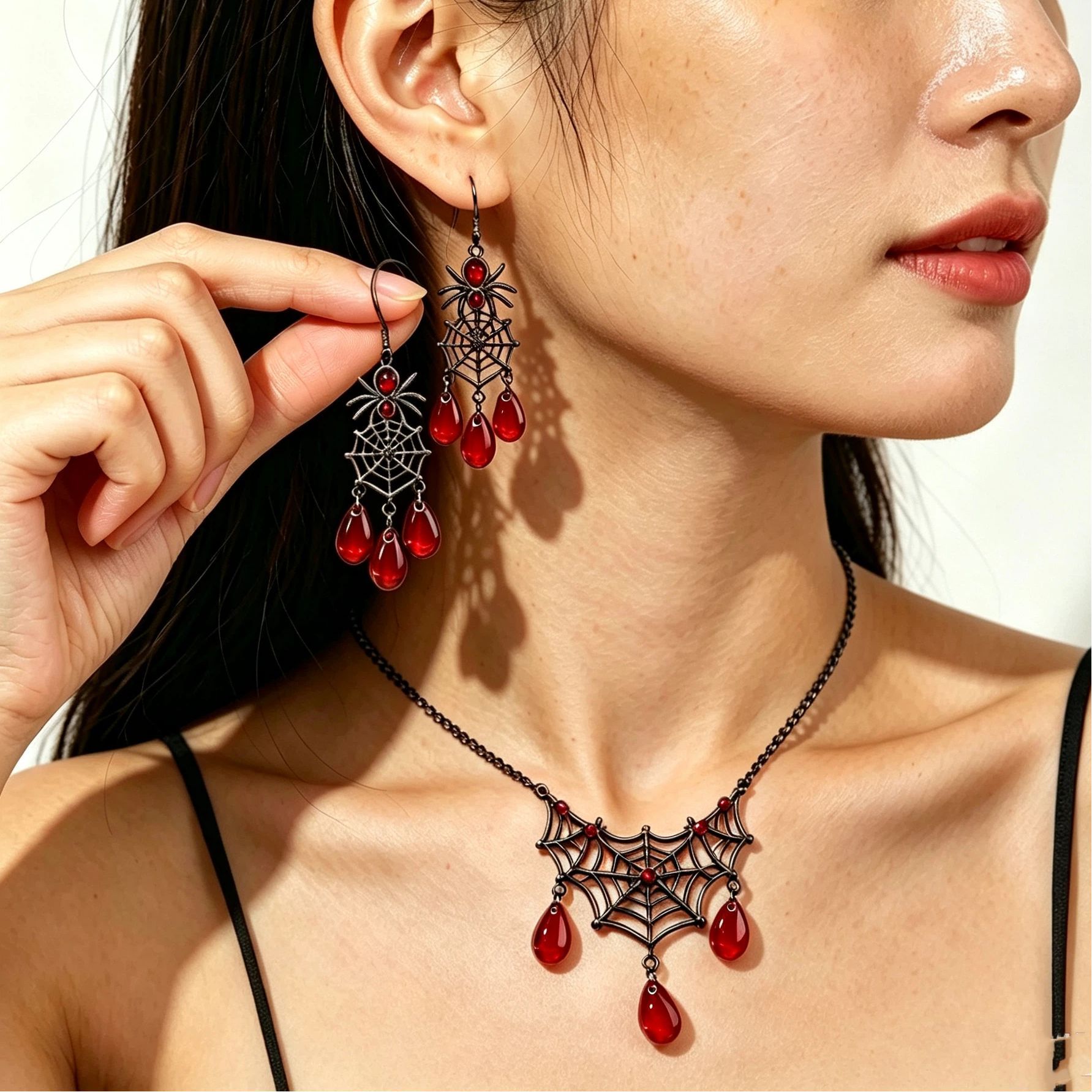Halloween Dark Spider Web Set Earrings and Necklace Gunmetal Black and Red Water Drop Gemstone Cool Party Accessories for Women