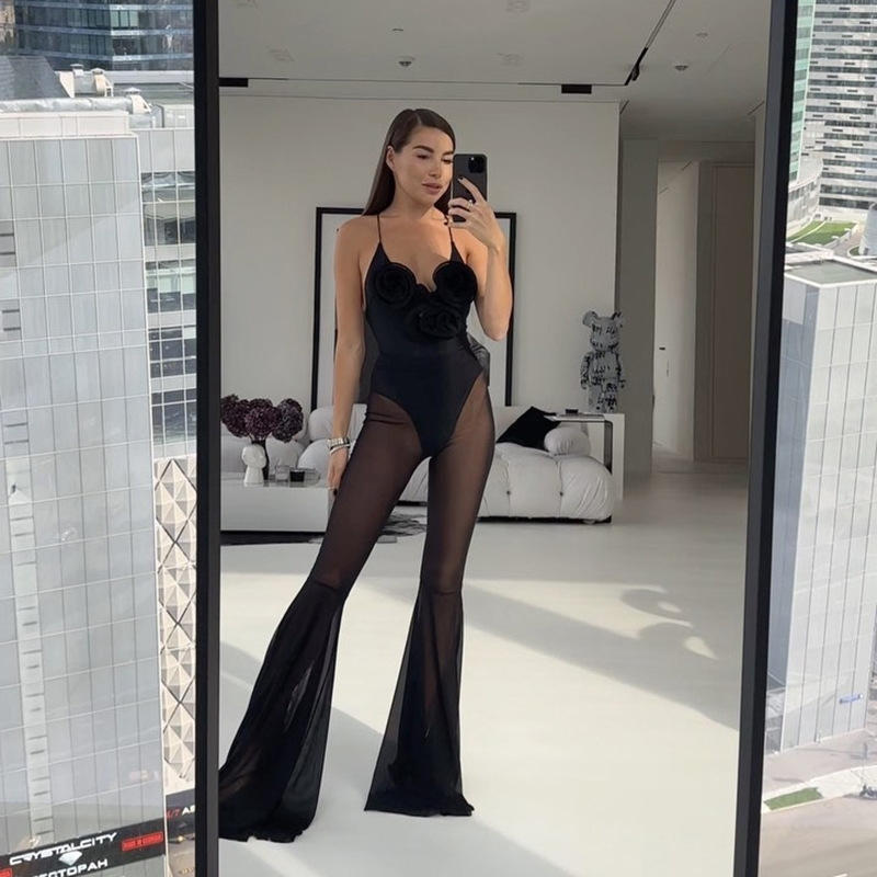 Spring Summer Sexy Sexy Mesh Stitching See Through Design Horn Jumpsuit Women