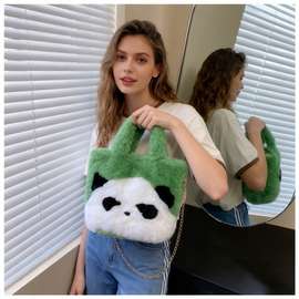 熊猫毛绒包新款毛毛水桶包可爱柔软脸大容量手提包单肩腋下包斜挎
