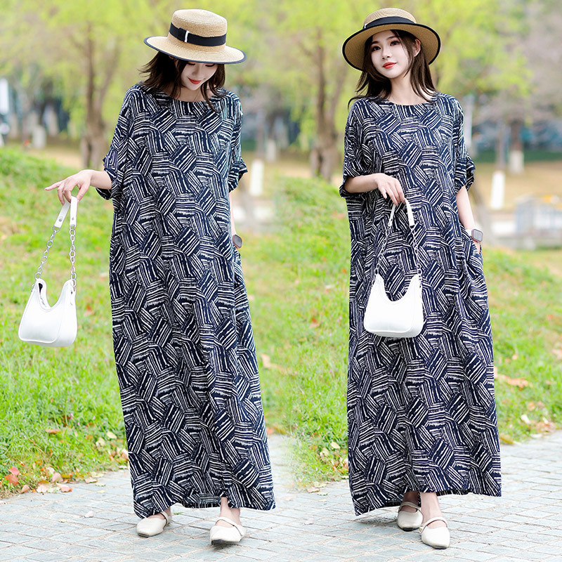 2025 New Summer Style Middle-Aged and Elderly Women's Long Knee-Length Skirt Casual Short-Sleeved Mother's Cotton Silk Dress 2025 New Summer Style Middle-Aged and Elderly Women's Long Knee-Length Skirt Casual Short-Sleeved Mother's Cotton Silk Dress