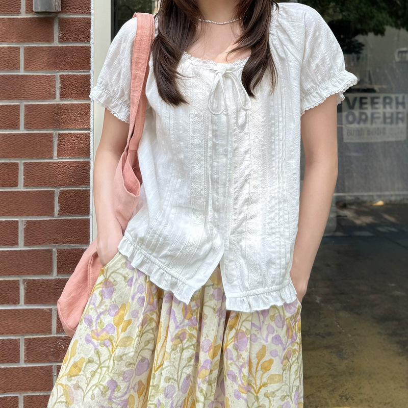 Milk Rabbit - Handmade Vertical Texture Jacquard Lace-Up Blouse for Women, Thin Loose-Fitting Pure Cotton Top Planet