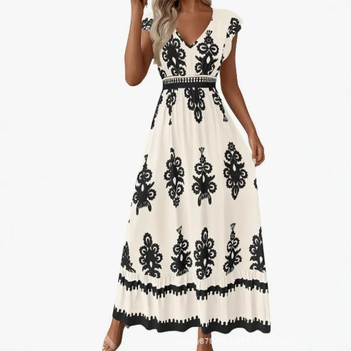 Women's Summer Dress Beach Fashion Floral Short Sleeve V-Neck Bohemian Long Dress for Wedding Guests Women's Summer Dress Beach Fashion Floral Short Sleeve V-Neck Bohemian Long Dress for Wedding Guests