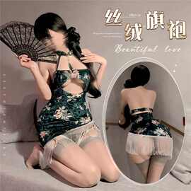 甜蜜蜜古风丝绒旗袍情趣内衣流苏性感牡丹印花纯欲诱惑包臀裙