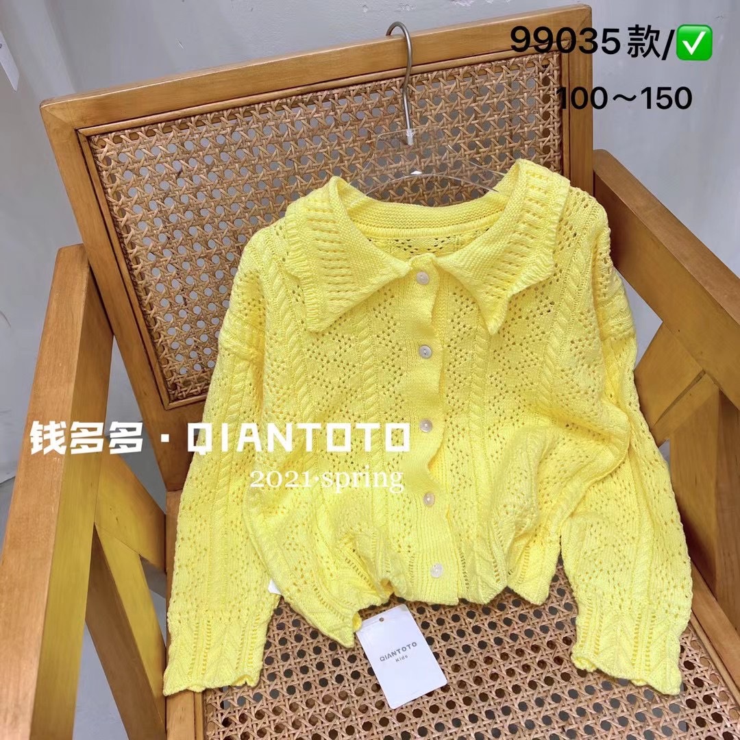 Girls spring 2021 new pattern Hollow Lapel girl knitting Cardigan Korean Edition Children's clothing spring and autumn children clothes