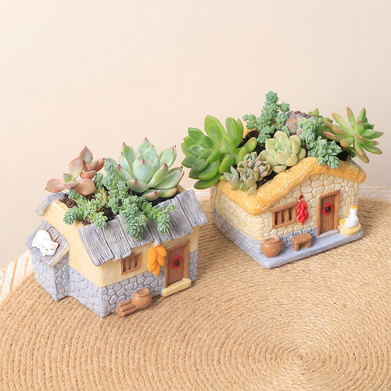 Chậu Cây Resin Chậu cây mọng nước hình nhà đồng quê mini resin, chậu tiểu cảnh để bàn, trang trí nhà và văn phòng (RG-101)
